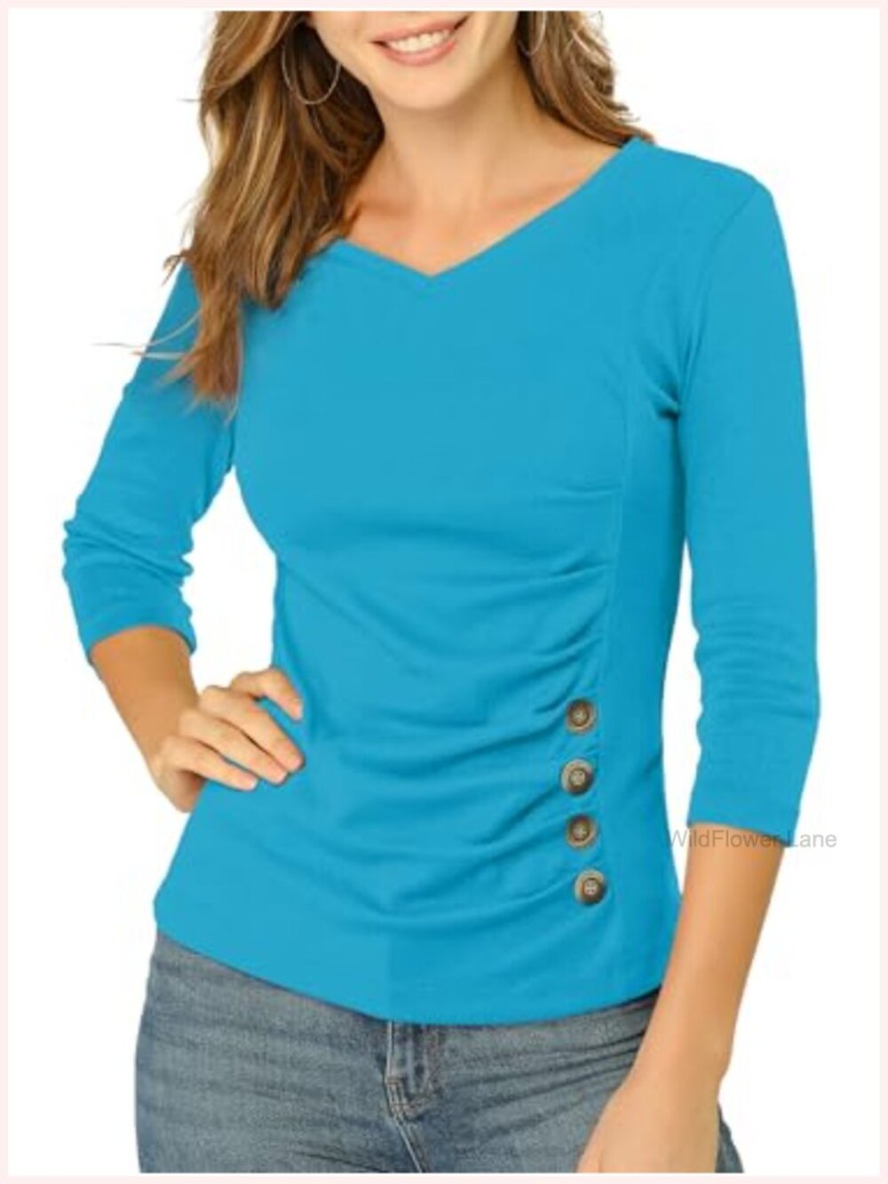 Women's 3/4 Sleeve V-Neck Button Detail Ruched Blouse Casual Top